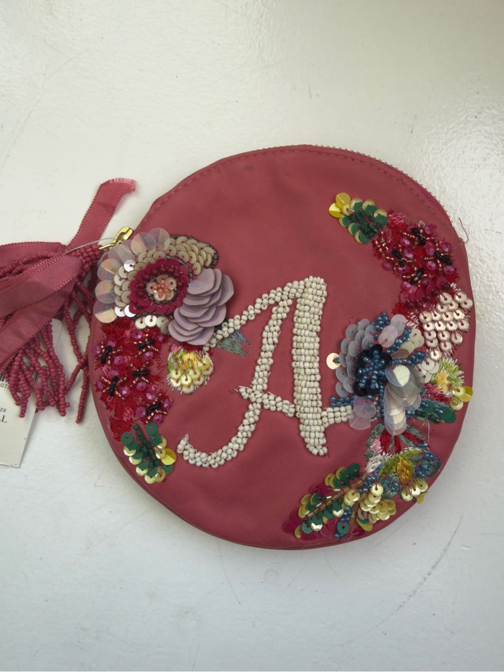 Anthropologie Pink Beaded Floral 'A' Round leather Pouch